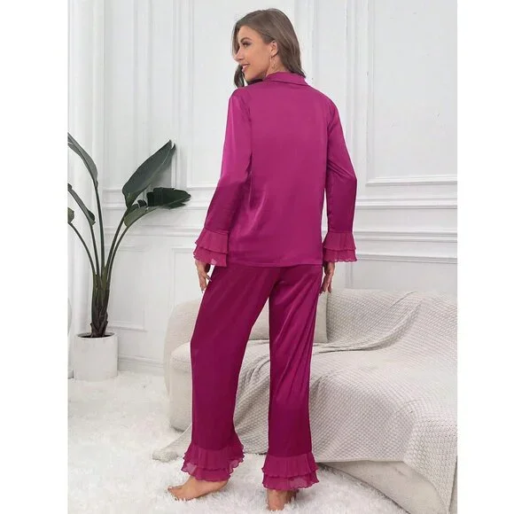 NWOT Hot Pink Ruffle Trim Satin PJ Set from Shein Sz M - Picture 2 of 6